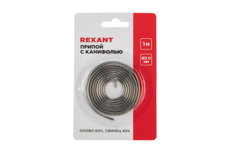 Припой с канифолью, 1м, Ø2мм, (олово 60%, свинец 40%), спираль, блистер REXANT
